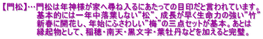 【門松】…門松は年神様が家へ尋ね入るにあたっての目印だと言われています。 　　　　　　基本的には一年中落葉しない”松”、成長が早く生命力の強い”竹” 　　　　　　新春に開花し、年始にふさわしい”梅”の三点セットが基本。あとは 　　　　　　縁起物として、稲穂・南天・黒文字・葉牡丹などを加えると完璧。