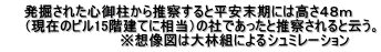 　　発掘された心御柱から推察すると平安末期には高さ４８ｍ 　　（現在のビル15階建てに相当）の社であったと推察されると云う。 　　　　　　　　　　　　※想像図は大林組によるシュミレーション