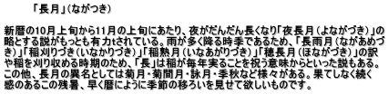 　　　　「長月」（ながつき）  新暦の10月上旬から11月の上旬にあたり、夜がだんだん長くなり「夜長月（よながづき）」の 略とする説がもっとも有力ｔされている。雨が多く降る時季であるため、「長雨月（ながあめづ き）」「稲刈りづき（いなかりづき）」「稲熟月（いなあがりづき）」「穂長月（ほながづき）」の訳 や稲を刈り収める時期のため、「長」は稲が毎年実ることを祝う意味からといった説もある。 この他、長月の異名としては菊月・菊間月・詠月・季秋など様々がある。果てしなく続く 感のあるこの残暑、早く暦にように季節の移ろいを見せて欲しいものです。