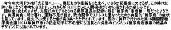 　今年の大河ドラマは「光る君へ」・・・。戦記ものや維新ものと比べ、いささか緊張感に欠けるが、この時代に 疎い私にとって参考になります。これからがドロドロとした人間模様がいかに描かれるか楽しみです。 　話は全く変わりますが、光源氏のモデルとされる藤原道長は記録に残る”糖尿病”患者第一号だったようで す。美酒美食に明け暮れ、運動不足が続き、政治闘争でストレスも重なったためか典型的”糖尿病”の症状 を呈しています。庭先で小便すると蟻が寄り集ったと云われています。因みに神戸で行われた第15回国際糖 尿病会議（2014年神戸市）の記念切手に不名誉にも道長と六角形のインスリン（糖尿病治療薬の結晶の デザイン）にも描かれています。