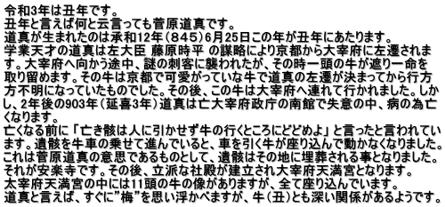 令和3年は丑年です。  丑年と言えば何と云言っても菅原道真です。 道真が生まれたのは承和12年（８４５）6月25日この年が丑年にあたります。  学業天才の道真は左大臣 藤原時平 の謀略により京都から大宰府に左遷されま す。大宰府へ向かう途中、謎の刺客に襲われたが、その時一頭の牛が遮り一命を 取り留めます。その牛は京都で可愛がっていな牛で道真の左遷が決まってから行方 方不明になっていたものでした。その後、この牛は大宰府へ連れて行かれました。しか し、2年後の903年（延喜3年）道真は亡大宰府政庁の南館で失意の中、病の為亡 くなります。  亡くなる前に 「亡き骸は人に引かせず牛の行くところにどどめよ」 と言ったと言われてい ます。遺骸を牛車の乗せて進んでいると、車を引く牛が座り込んで動かなくなりました。 これは菅原道真の意思であるものとして、遺骸はその地に埋葬される事となりました。 それが安楽寺です。その後、立派な社殿が建立され大宰府天満宮となります。  太宰府天満宮の中には11頭の牛の像がありますが、全て座り込んでいます。 道真と言えば、すぐに”梅”を思い浮かべますが、牛（丑）とも深い関係があるようです。
